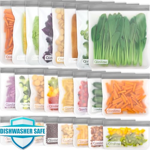 Qinline Reusable Food Storage Bags - 24 Pack Freezer Bag, Reusable Bags, Extra Thick Leakproof Lunch Bag - color: Grey