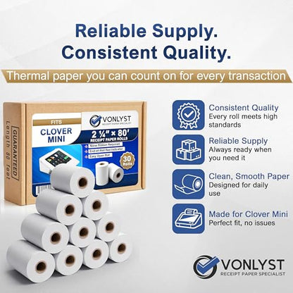 Thermal Receipt Paper Rolls for Clover Mini & Clover Mobile – 2 1/4” x 80’ BPA Free Credit Card Machine Paper Compatible with C200 C300 C301 C302 C302U C305 – POS Printer Paper, 30 Rolls - size: 30 rolls