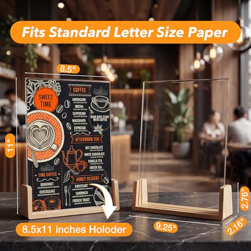 Acrylic Sign Holder 8.5 x 11 with Wood Base 3 Pack, Anti-Slip Silicone Bottom Menu Stand for Table, Clear Double Sided T-Shape & Slanted L-Shape Flyer Display for Office, Restaurant, Wedding - color: Natural Wood Color
