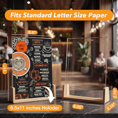 Acrylic Sign Holder 8.5 x 11 with Wood Base 3 Pack, Anti-Slip Silicone Bottom Menu Stand for Table, Clear Double Sided T-Shape & Slanted L-Shape Flyer Display for Office, Restaurant, Wedding - color: Natural Wood Color