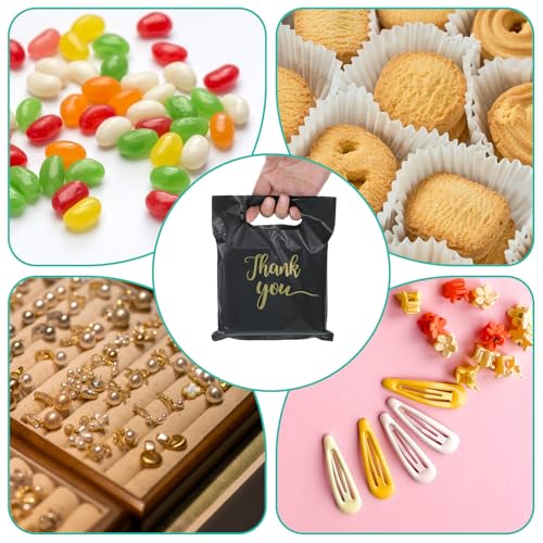 100 Pcs 5.7✕7.6 Inch Small Thank You Bags Black Thank You Bags Plastic Shopping Bag with Handles for Small Business Retail Boutique Gifts Stores(Black)