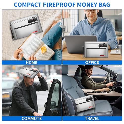 Hontom Double Layer Fireproof Money Bag for Cash with Lock & Hidden Zipper - color: Silver