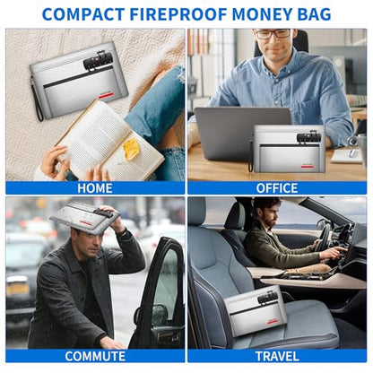 Hontom Double Layer Fireproof Money Bag for Cash with Lock & Hidden Zipper - color: Silver