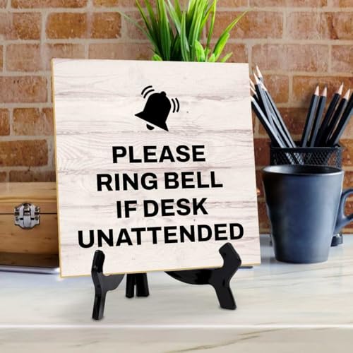 Please Ring Bell If Desk Unattended 5"x 5" Square Table Sign With Acrylic Easel | General Office Notices & Business Table Signs - color: Please Ring Bell