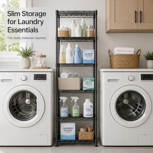 GRANNY SAYS 6-Tier Narrow Storage Shelves for Small Spaces, 15.8" W Metal Shelving Unit, Adjustable Storage Rack, Freestanding Shelf for Pantry, Garage, Closet, Office, Black - size: 15.8"W x 63"H x 11.8"D