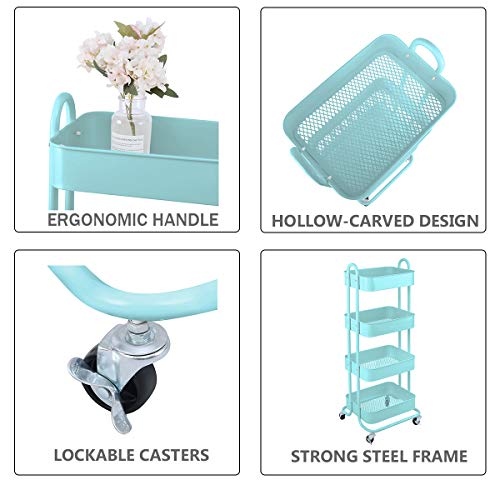 Melody House 4-Tier Metal Mesh Utility Rolling Cart Storage Organizer Shelf Rack with Lockable Wheels for Living Room Kitchen Office, Turquoise - color: B-turquoise