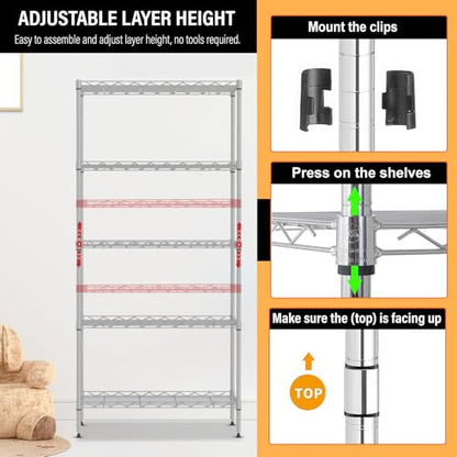 FDW | 5-Tier Wire Shelf | 21" x 11" x 48" | Chrome - color: Chrome, size: 5-Shelf No Wheels
