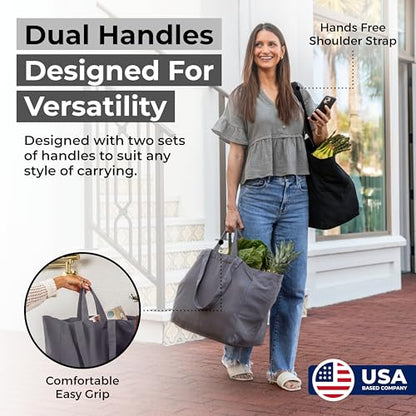 VeraMia Canvas Grocery Bag 3pc XL Set with Real Pockets, Long Shoulder Strap and Short Handle. Heavy Duty, Foldable, Washable - color: Grey