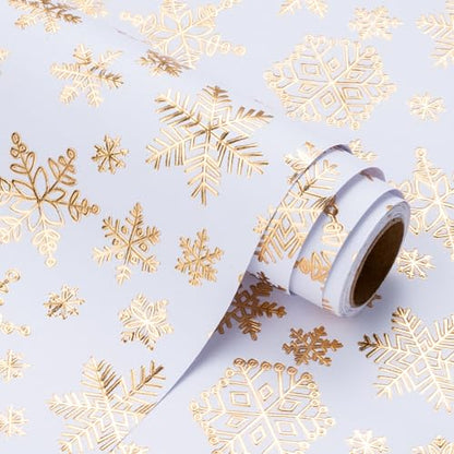WRAPAHOLIC 30 Inch 3D Kraft Christmas Wrapping Paper - 30 Inch x 16.5 Feet - Gold and White Snowflake Wrapping Paper with Embossed Perfect for Christmas, Holiday, Party Celebration - color: Christmas Snowflakes - White & Gold, size: 30 inch x 16.5 feet