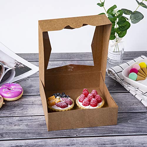 ONE MORE [15pcs] 8" Brown Bakery Pie Boxes, Kraft Cardboard Cookie Box with Window Auto-Popup Natural Disposable Pastries Boxes 8x8x2.5inch,Pack of 15
