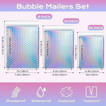 50 Pack Metallic Bubble Mailers, Holographic Bubble Mailer, 3 Size