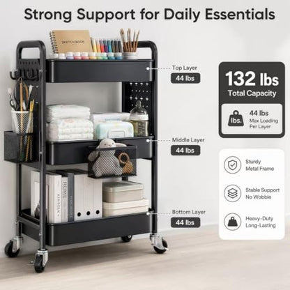 3 Tier Black Rolling Storage Cart Metal with DIY Pegboard and Wheels - color: Classic Black, size: 3 Tier+Pegboard