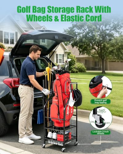 FHXZH Golf Bag Storage Garage Organizer - Golf Bag Stand with Wheels - color: Black - With Bottom Drawer Basket