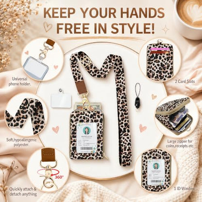 ID Badge Holder with Lightweight RFID Blocking Card Holder, Lanyard Wallet - color: Classic Leopard
