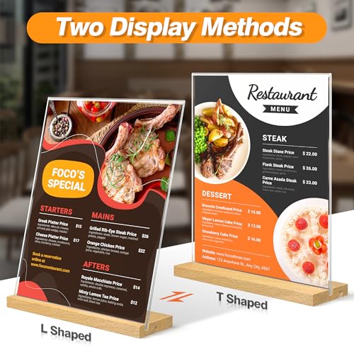 8.5 x 11 Acrylic Sign Holder with Wood Base - Tabletop Display Menu Stand - Clear Plastic L/T Shape Vertical or Slant Back Paper Holders - 6 pack - style: 8.5x11in 6pack