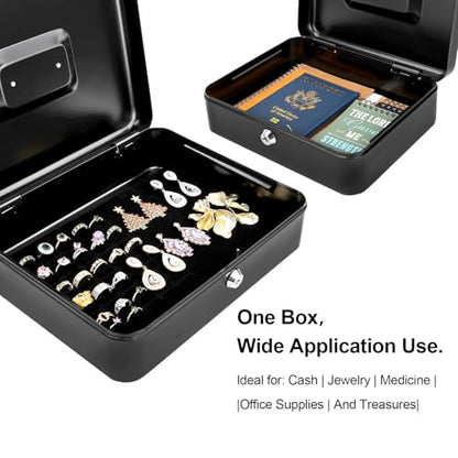 Jssmst Cash Box with Key Lock, Money Box with Cash Tray, Lock Box, Black, Large - color: Black, size: L(9.84")
