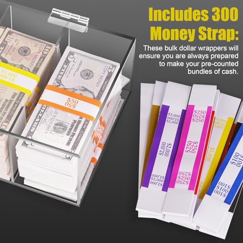Acrylic Locking Currency Tray With 300 Currency Wrappers, 5 Compartment Clear Cash Organizer Money Storage Box with Lockable Cover for Cash, Moneyboxes Currency Cash Holder for Money