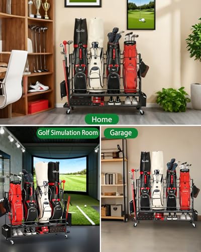 FHXZH Golf Bag Storage Garage Organizer - Golf Bag Stand with Wheels - color: Black - 4 Golf Bag Organizer