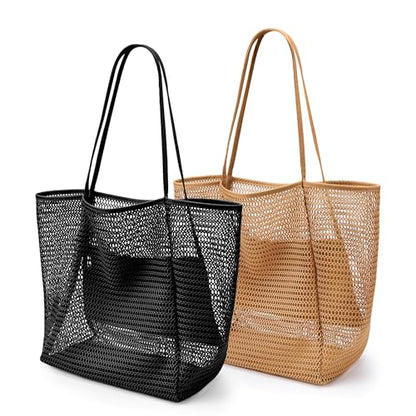KALIDI Beach Mesh Tote Bag, Casual MAX 23L Summer Foldable Hobo Bag Women - color: Black Khaki