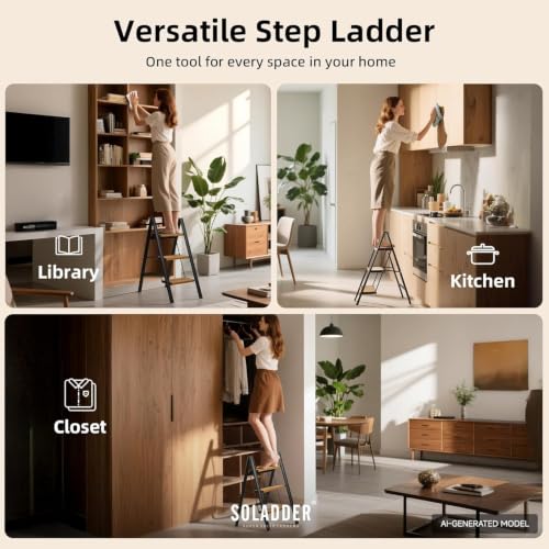 SOLADDER 3 Step Ladder, Folding Step Stool, Black & Woodgrain - color: Black&woodgrain, size: 3 Step