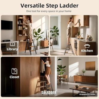 SOLADDER 3 Step Ladder, Folding Step Stool, Black & Woodgrain - color: Black&woodgrain, size: 3 Step