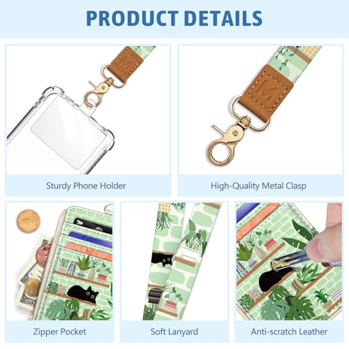 Cute Black Cat Lanyard Wallet with ID Badge Holder Small Slim RFID Keychain - color: Cat Plant Shelf