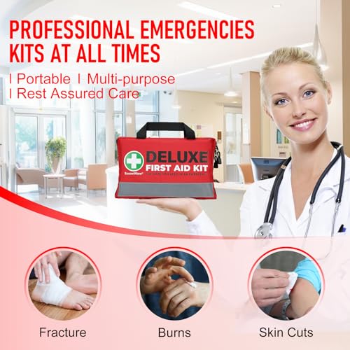 SuccorWare 380 Pieces Deluxe First Aid Kit Compact Trauma Medical Kits with Assorted Bandages, Instant Cold Pack, Emergency Blanket for Home, Travel, Camping, Vehicle, Emergency Kits(Red)