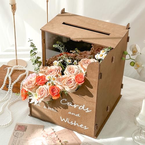 OurWarm Wedding Card Box with Wave Flower Trough, Gift Card Box for Wedding - color: Brown