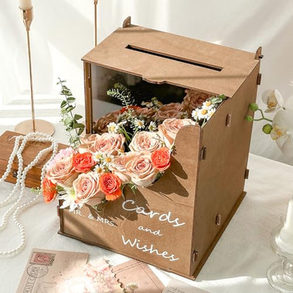 OurWarm Wedding Card Box with Wave Flower Trough, Gift Card Box for Wedding - color: Brown