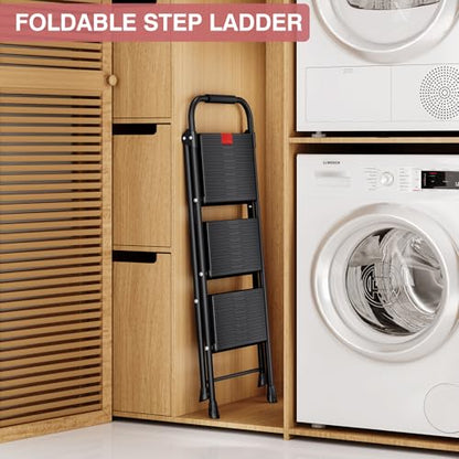TOOLF 3 Step Ladder, Folding Steel Step Ladder with Handrail, Black - size: 3 Step Ladder