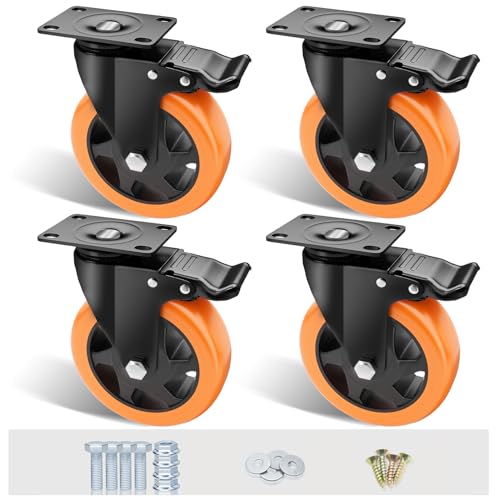 5" Swivel Plate Casters, 1400Lbs Capacity with Brake - color: Orange, size: 5 Inch
