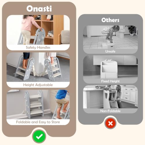 Onasti Adjustable Toddler Step Stool with Handles, Converts from 3-Step to 2-Step as Kids Grow, Non-Slip Safety Stool for Bathroom Sink, Kitchen Counter, Potty Training and Everyday Household Use-Grey - color: Silver Grey