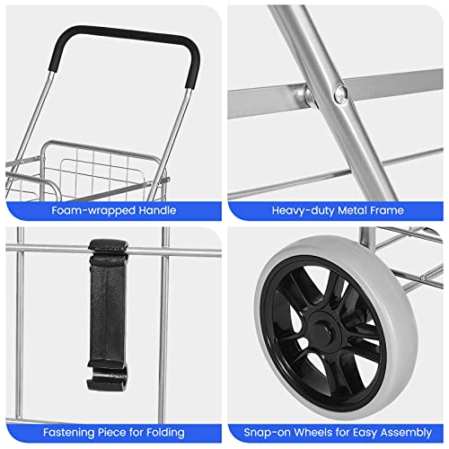 COSTWAY Shopping Cart with Wheels, Folding Grocery Cart with Basket