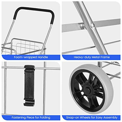 COSTWAY Shopping Cart with Wheels, Folding Grocery Cart with Basket