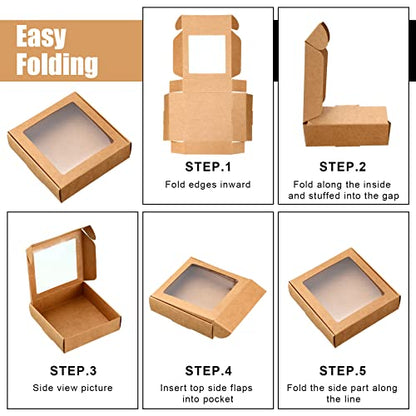 Zonon 30 Pcs Kraft Paper Boxes with Window 4.13 x 4.13 x 1.18 Inch (Brown) - color: Brown