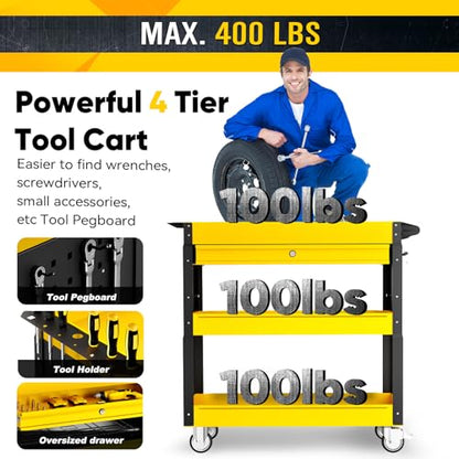 LDHTHOPI 4-Tier Rolling Tool Cart, 400LBS Service Cart with Wheels - color: Yellow