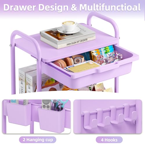 KINGRACK 3 Tier Metal Rolling Cart with Drawer, Purple Utility Storage Cart - color: Purple