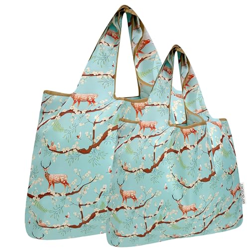 allydrew Large & Small Foldable Tote Nylon Reusable Grocery Bags, Set of 2 - color: Floral Deer