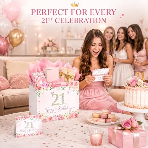 QISOLIY Pink Floral 21st Birthday Gift Bag for Women, Large Happy 21st Birthday Gift Bag with Tissue Paper and Greeting Card Included, Elegant Birthday Present Bag for Daughter, Sister, Best Friend and Her - color: 21th