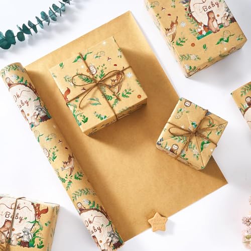 WERNNSAI Baby Shower Wrapping Paper Roll - 33 ft Baby Kraft Gift Wrap - color: Baby Animal-Forest