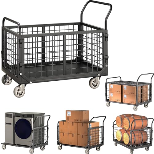 Platform Truck with Cage,5-in-1 Collapsible Heavy-Duty Push Cart Dolly Load 1800 LB,Large Flatbed Hand Truck for Grocery/Laundry/Stall/Storage - color: Black