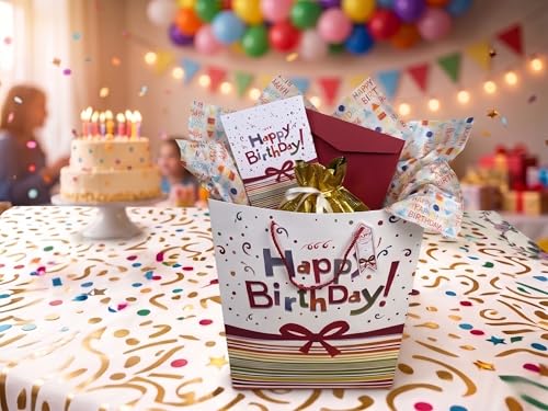 Srashtaa 5-Piece Happy Birthday Gift Bag Set – Extra Large Paper Bag + Golden Wrapping Bag + Greeting Card + Envelope + Tissue Paper | Birthday Gift Bags for Men Women