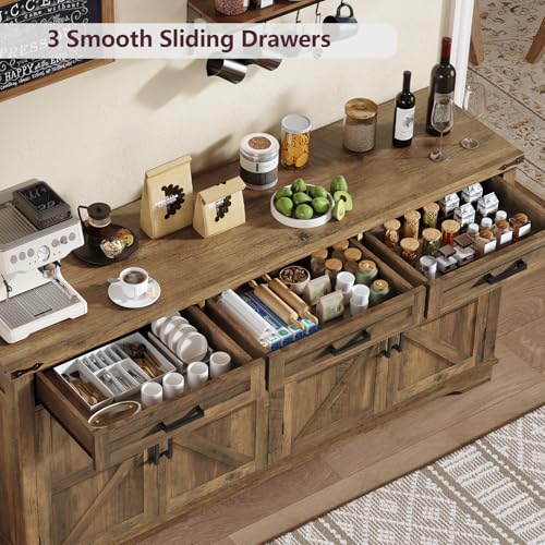 usikey 61" Large Buffet Cabinet with 4 Doors and 3 Drawers, Farmhouse Buffet Sideboard Cabinet with Storage, Coffee Bar Wine Bar for Living Room, Honey Brown - color: Honey Brown-61"w