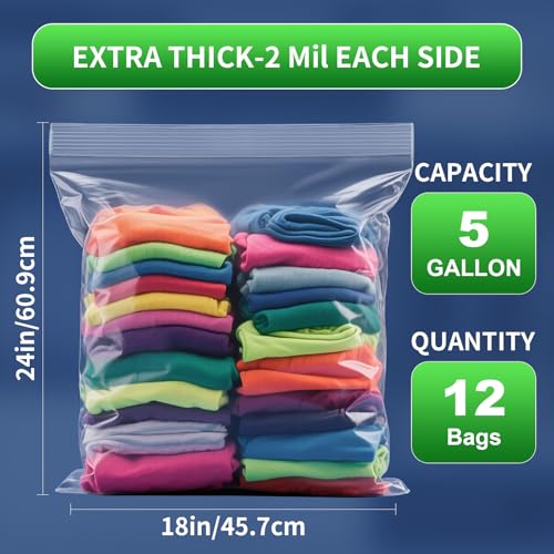 TUXIYA 12PACK 5 Gallon Large Zipper Bags for Storage 18" x 24" Storage Bags - color: 18x24 Inch(Pack of 12)