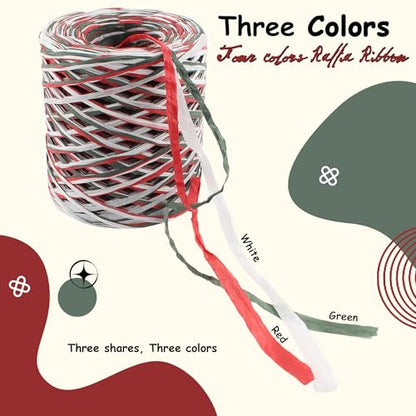 492 Feet Raffia Paper Ribbon, Red White Green - color: 3 color-red white green