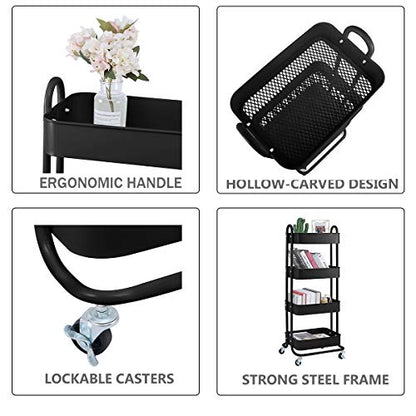 4-Tier Metal Mesh Utility Rolling Cart Storage Organizer Shelf Rack with Lockable Wheels for Living Room Kitchen Office, Black - color: B-black