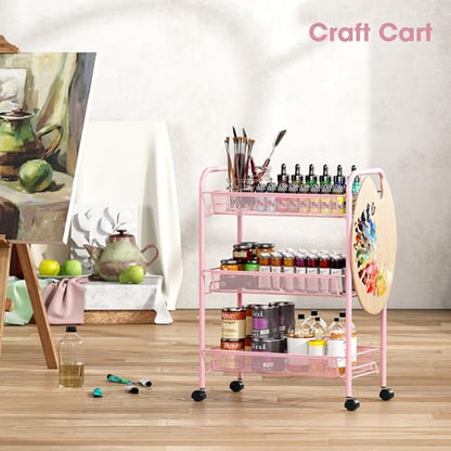 TOOLF 3 Tier Rolling Cart, Metal Utility Storage Cart with Wheels, Pink - color: Pink, size: 3-Tier