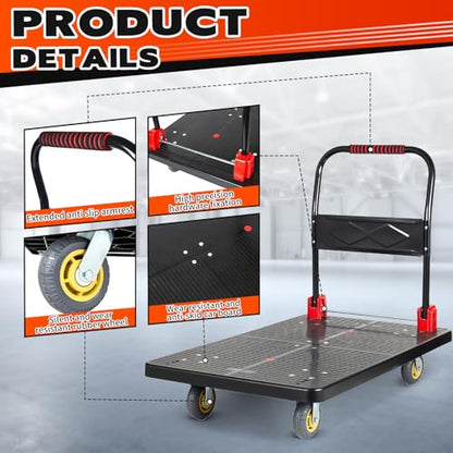 1800 lb Folding Platform Truck Cart with 6" Silent TPR Wheels, Heavy Duty Flatbed Push Cart Dolly, Foldable Moving Utility Cart for Warehouse Garage Office Home, Black - color: 1800 Lb - 51.5" X 25.5"