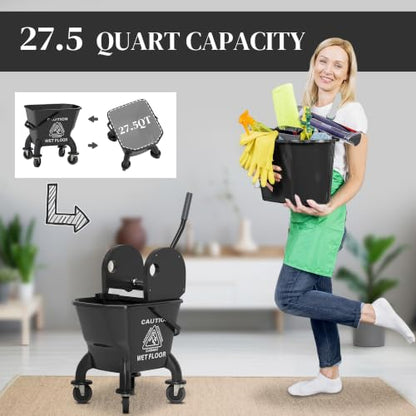 HOMCOM Mop Bucket with Wringer on Wheels, 27.5 Quart, with Mop, Black - color: Black, size: 27.5 Quart