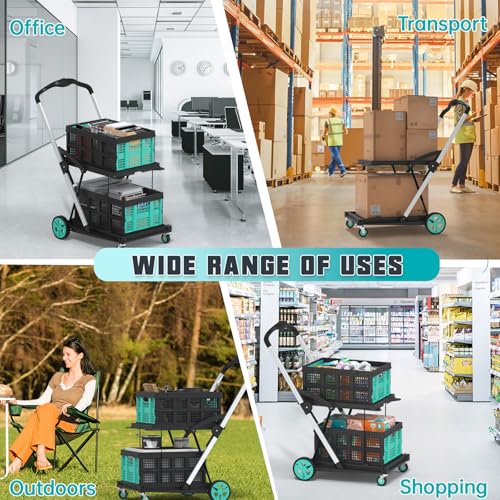 Collapsible Shopping Cart, Foldable Shopping Cart with 2 Storage Crates, 350 LBS Capacity 2-Tier Multi Use Heavy Duty Adjustable Grocery Carts for Supermarket, Office and Outdoor